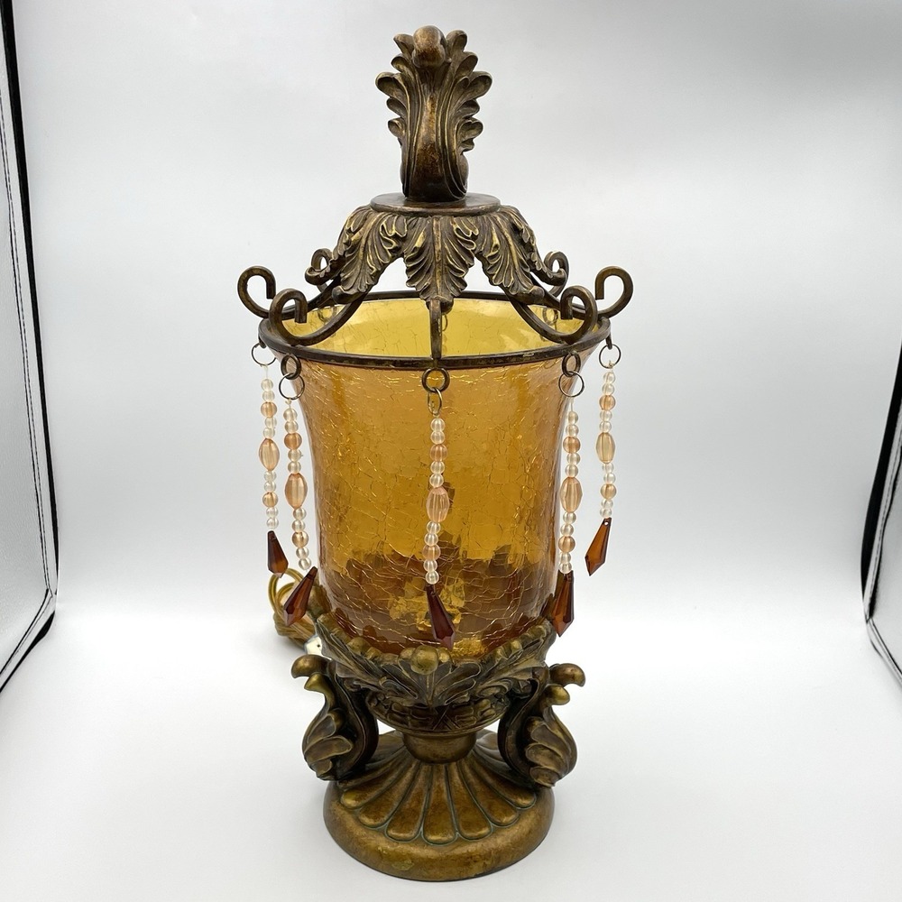 Vintage Bombay Company Bronze Amber Crackle Glass Beaded Table Lamp Tested/Works